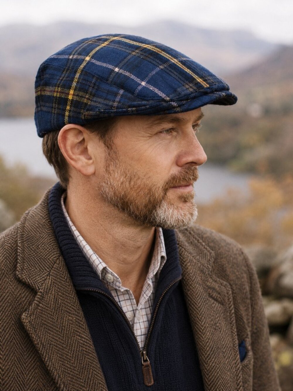 Patrick King Wool Flat Cap Mens Blue Tartan Plaid Scottish Newsboy Driving Hat